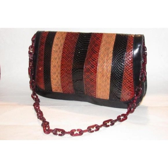 Keren Snakeskin Patchwork Saddle Bag w Lucite Chain Strap - Picture 2 of 10